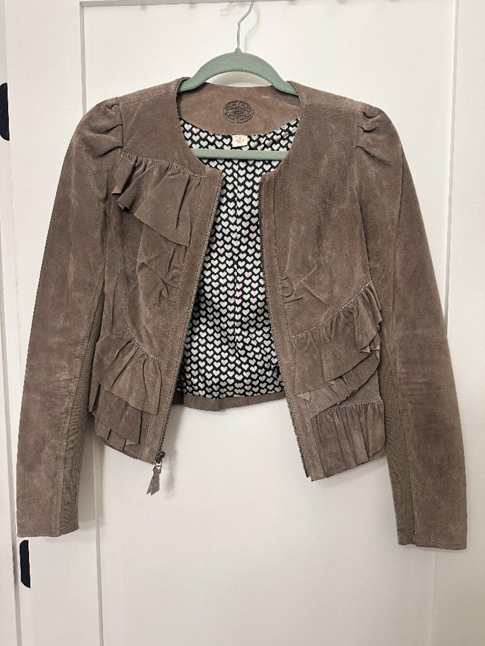 Anthropologie Idra Leather Ruffle Jacket with Knit Accents, Taupe, Size XS